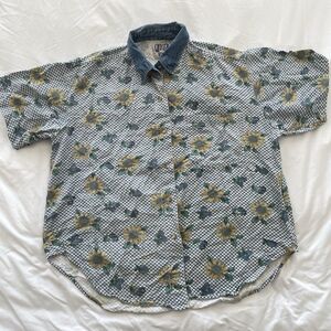 90s Vintage Quizz Again Sunflower Gingham Tee Denim Collar Womens Shirt Size L